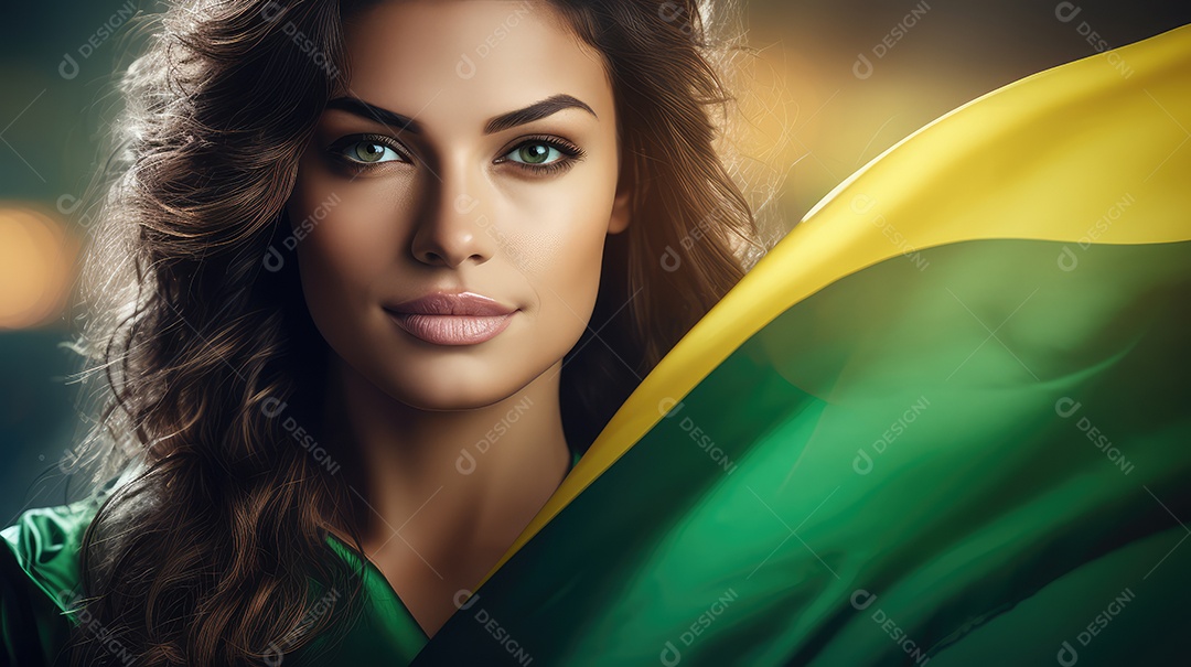 Uma bela jovem sorrindo abraçando uma bandeira brasileira no Dia da Independência do Brasil