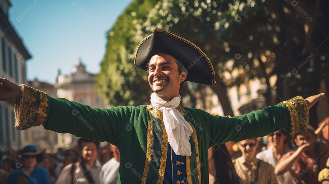Homem alegre fantasiado em festa de rua comemorando o Dia da Independência do Brasil