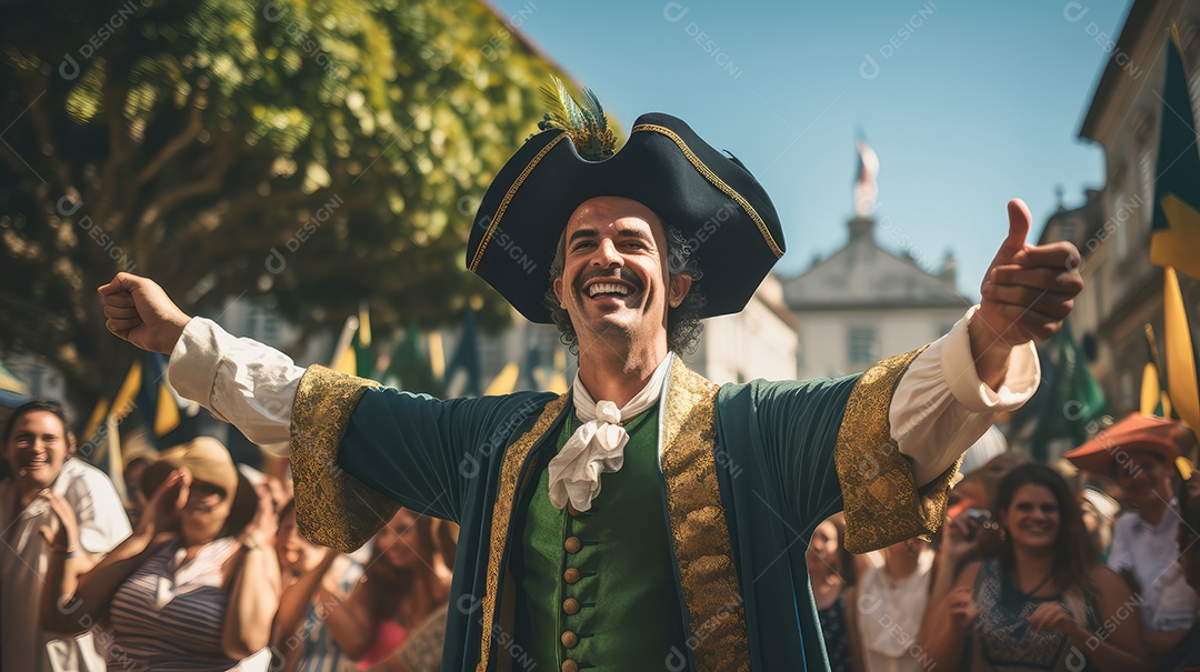 Homem alegre fantasiado em festa de rua comemorando o Dia da Independência do Brasil