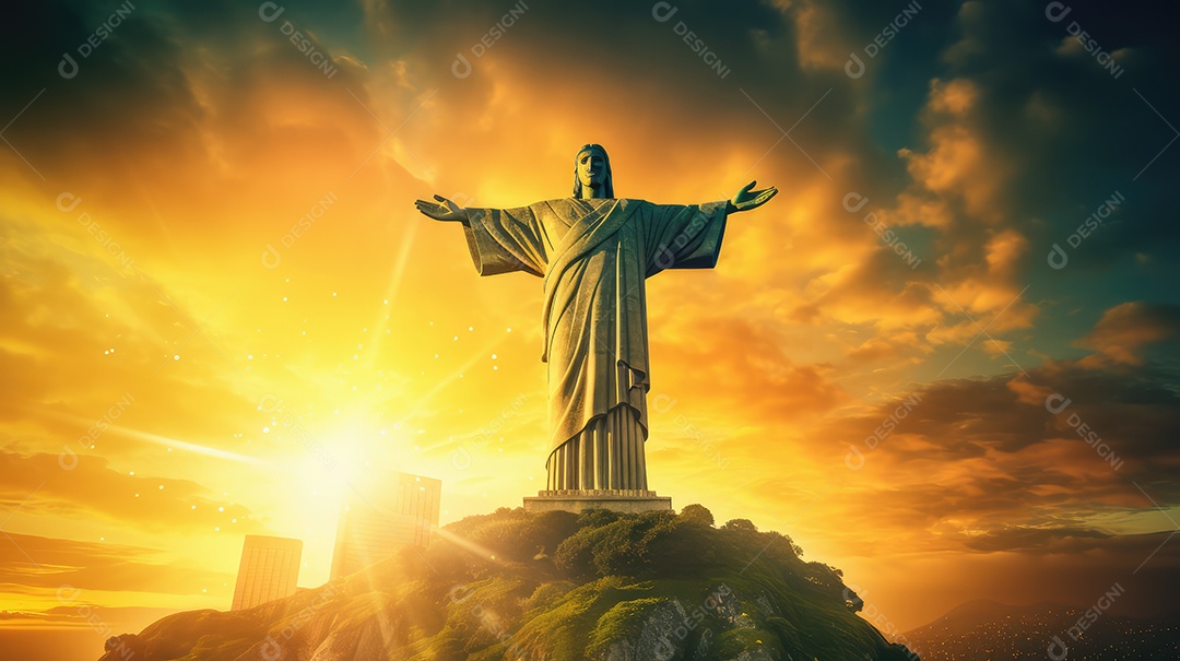 Jesus Cristo de braços abertos contra o pôr do sol em homenagem ao Dia da Independência do Brasil