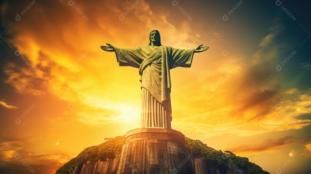 Jesus Cristo de braços abertos contra o pôr do sol em homenagem ao Dia da Independência do Brasil