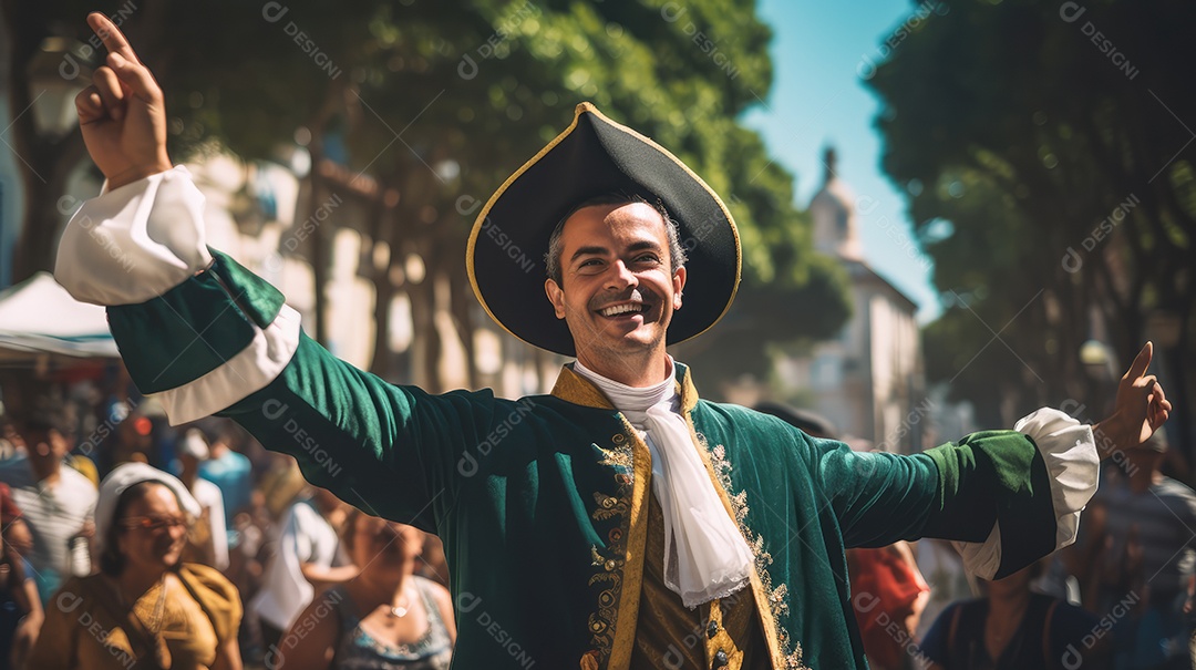 Homem alegre fantasiado em festa de rua comemorando o Dia da Independência do Brasil