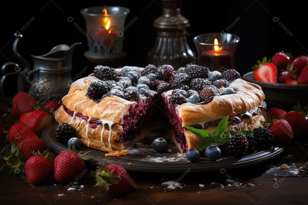 Torta de frutas frescas com crosta dourada.
