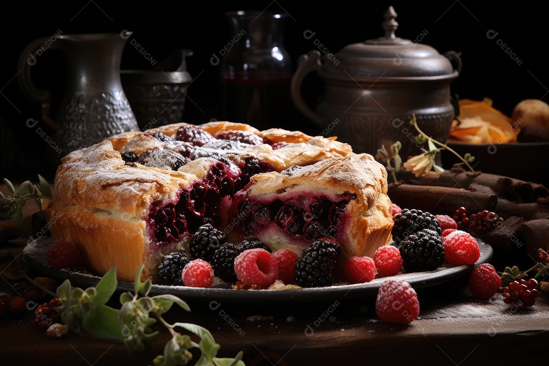 Torta de frutas frescas com crosta dourada.