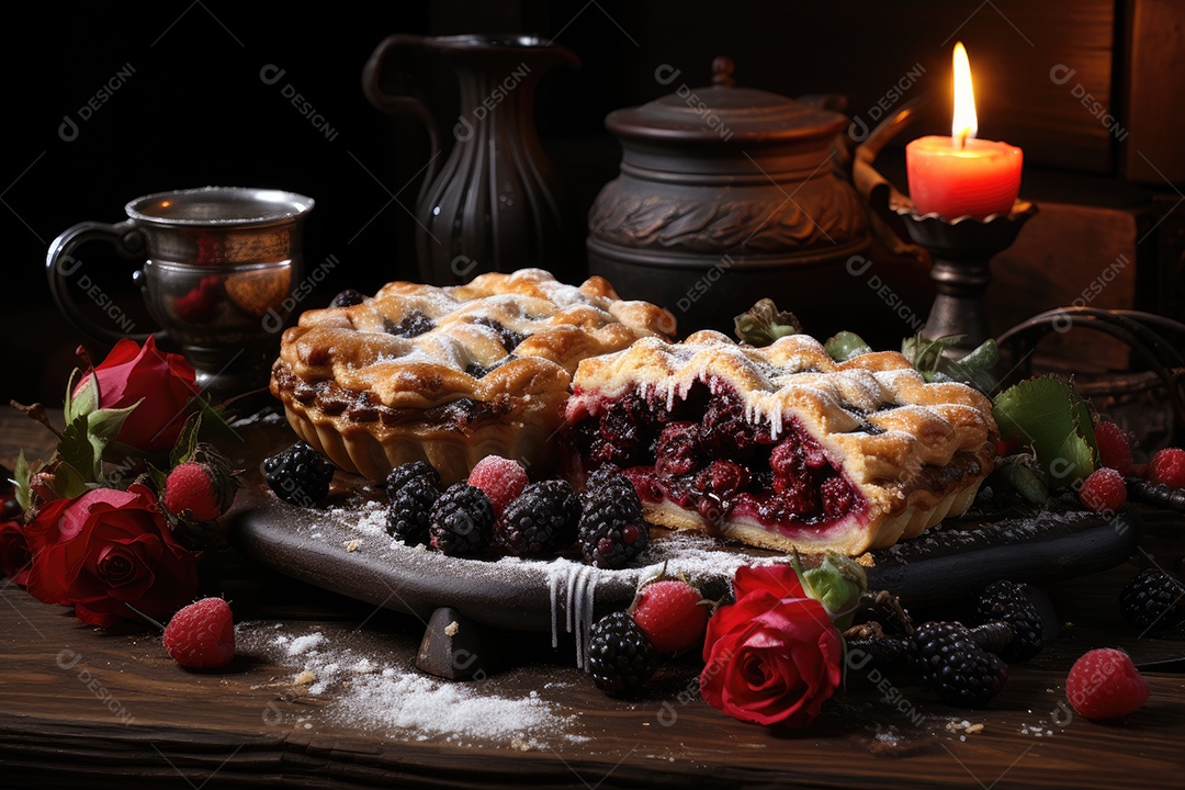 Torta de frutas frescas com crosta dourada.