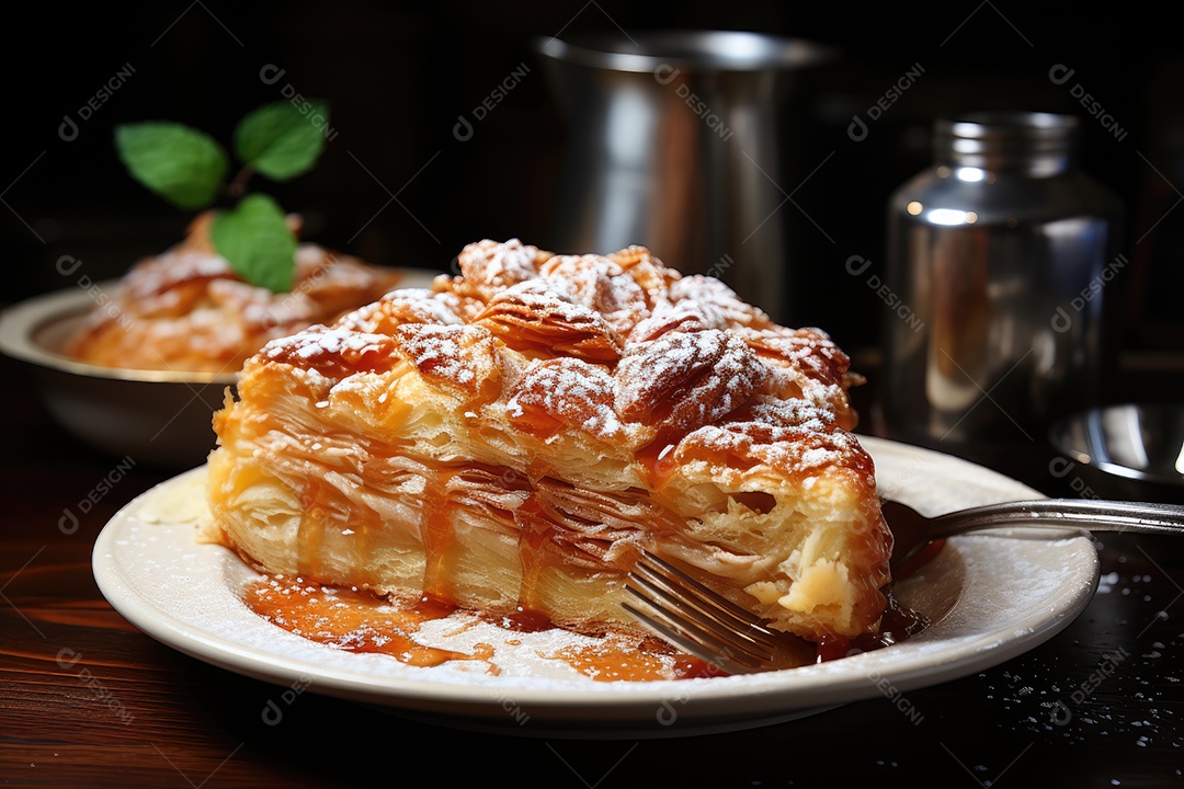 Torta de maçã dourada e suculenta com uma colher ao lado