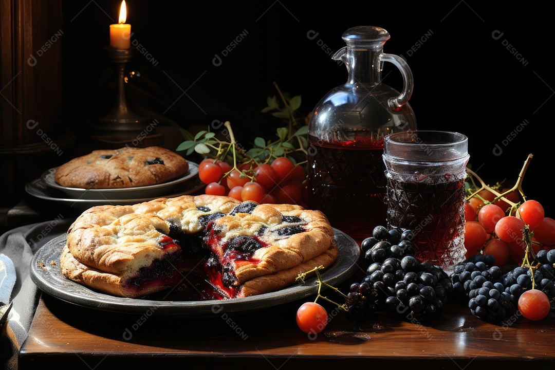 Torta de frutas rústica em uma mesa de madeira.