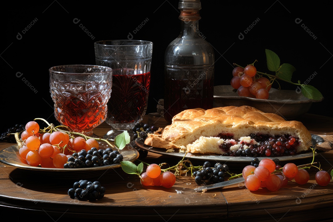 Torta de frutas rústica em uma mesa de madeira.