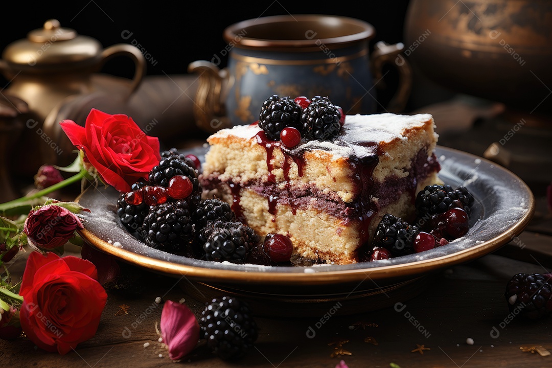 Fatia dourada de torta de amora, tentadora e suculenta.