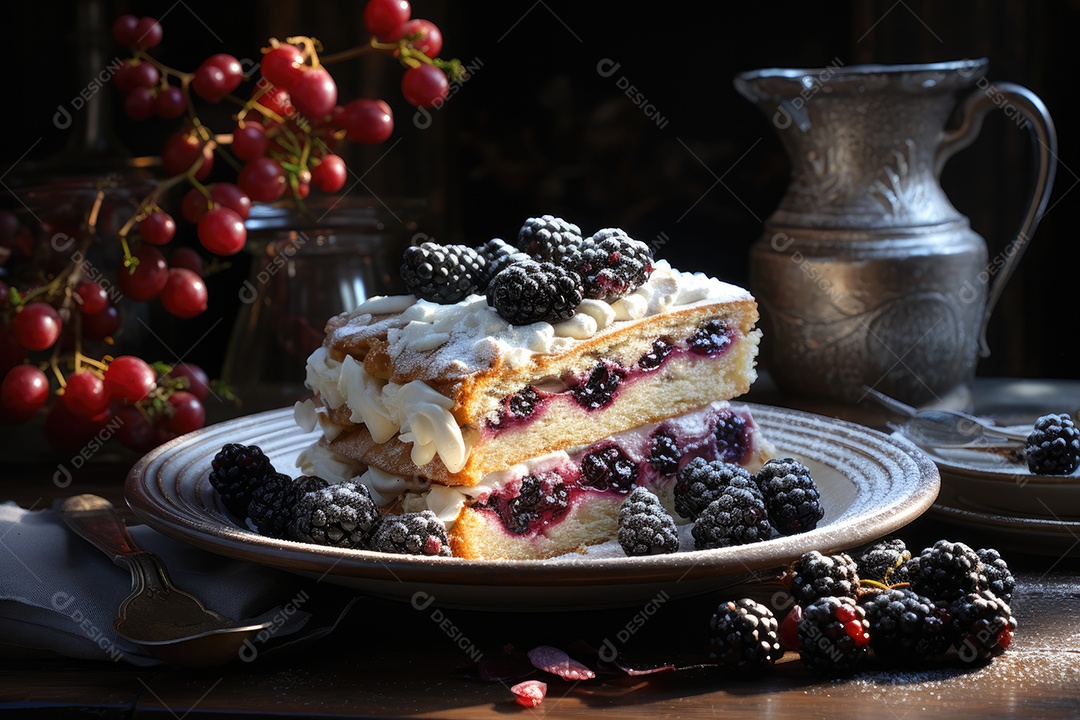 Fatia dourada de torta de amora, tentadora e suculenta.