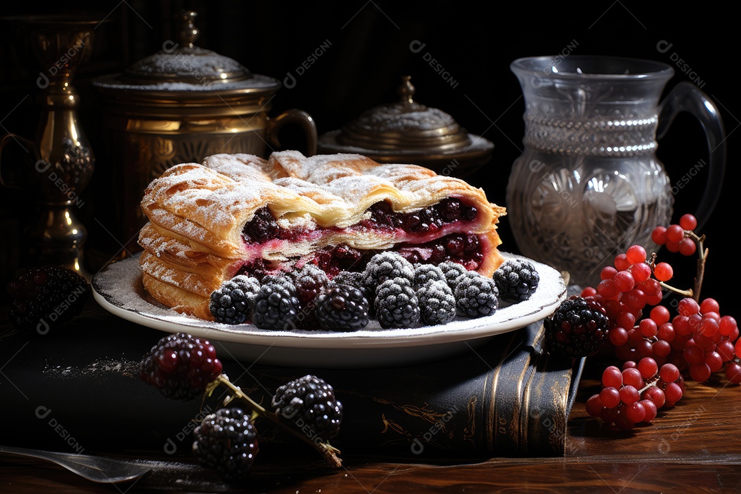 Fatia dourada de torta de amora, tentadora e suculenta.