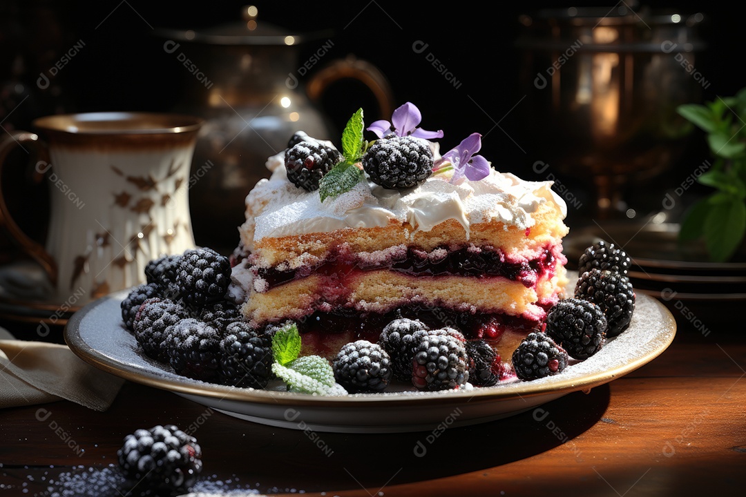 Fatia dourada de torta de amora, tentadora e suculenta.