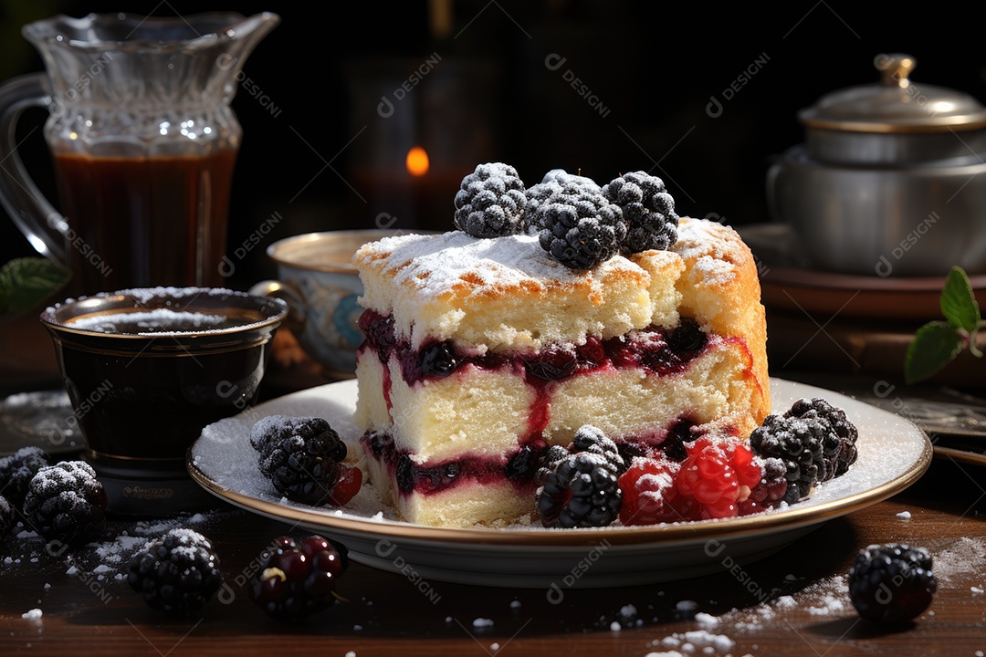 Fatia dourada de torta de amora, tentadora e suculenta.