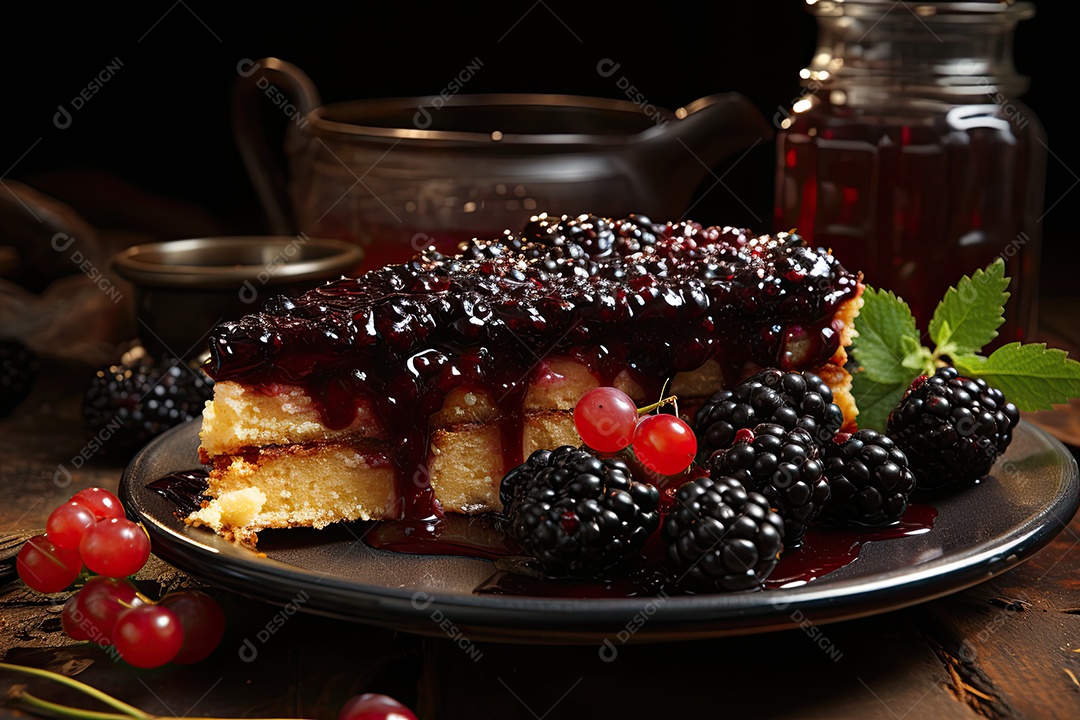 Fatia dourada de torta de amora, tentadora e suculenta.