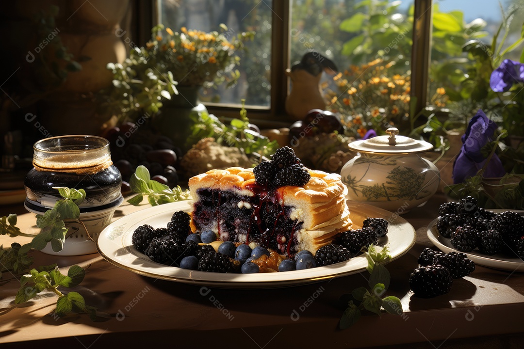 Fatia dourada de torta de amora, tentadora e suculenta.