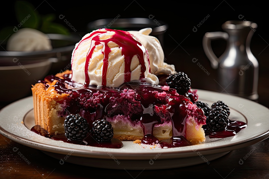 Fatia dourada de torta de amora, tentadora e suculenta.