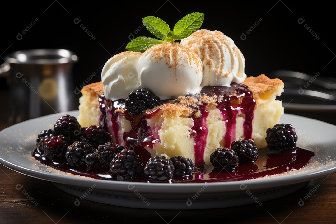 Fatia dourada de torta de amora, tentadora e suculenta.
