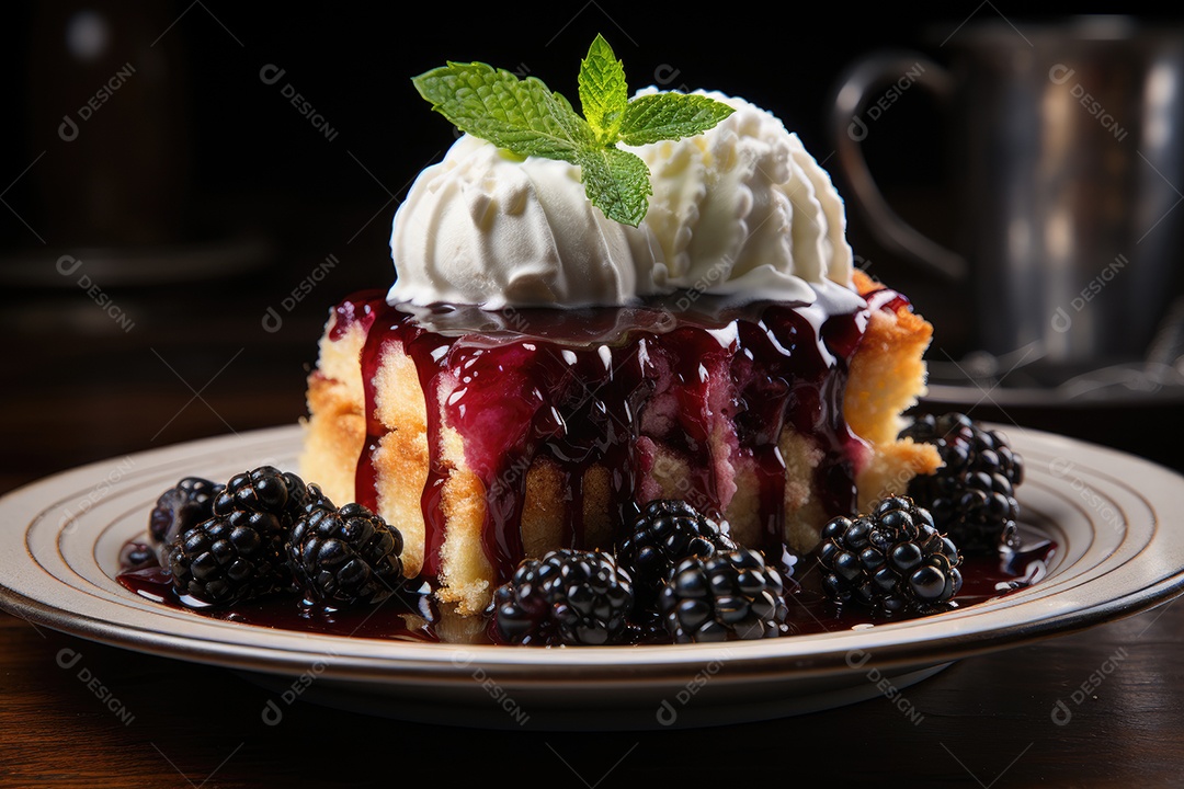 Fatia dourada de torta de amora, tentadora e suculenta.