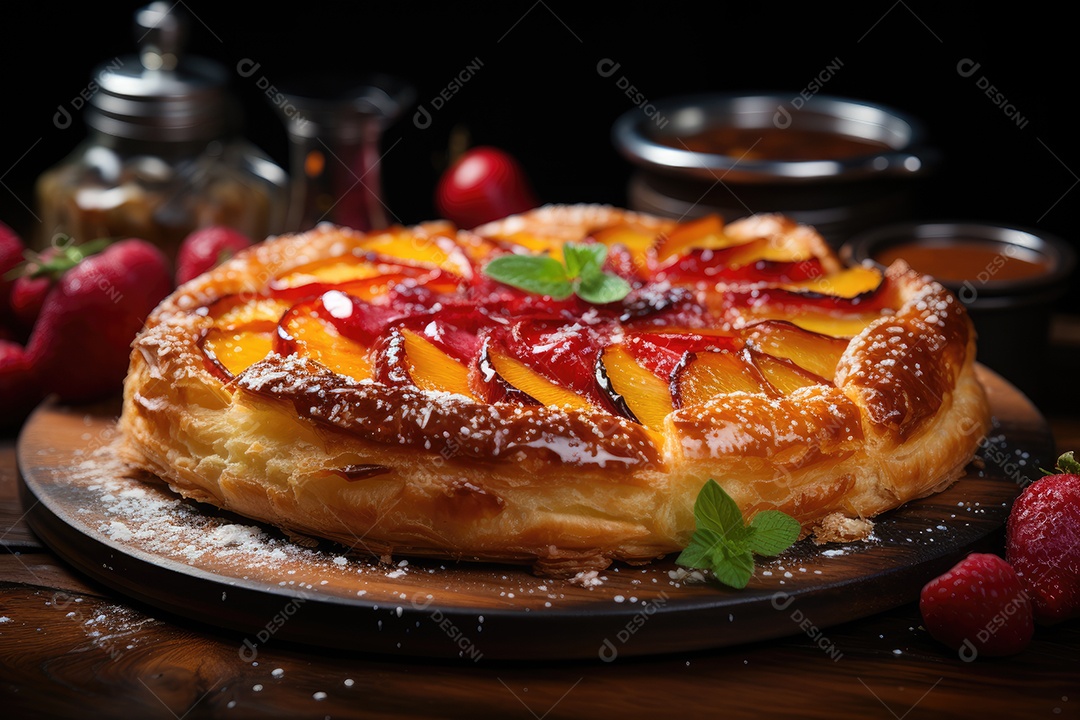 Torta fresca decorada com frutas coloridas em mesa rústica. (1)