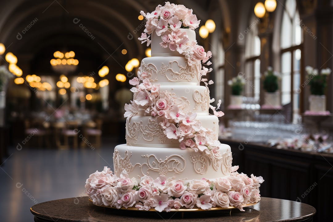 Majestoso bolo de casamento adornado com detalhes encantadores e casal no topo.