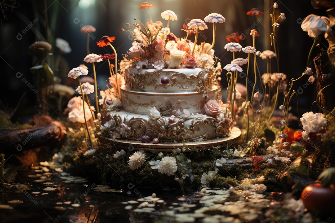 Bolo adornado com flores e frutas em jardim encantado.