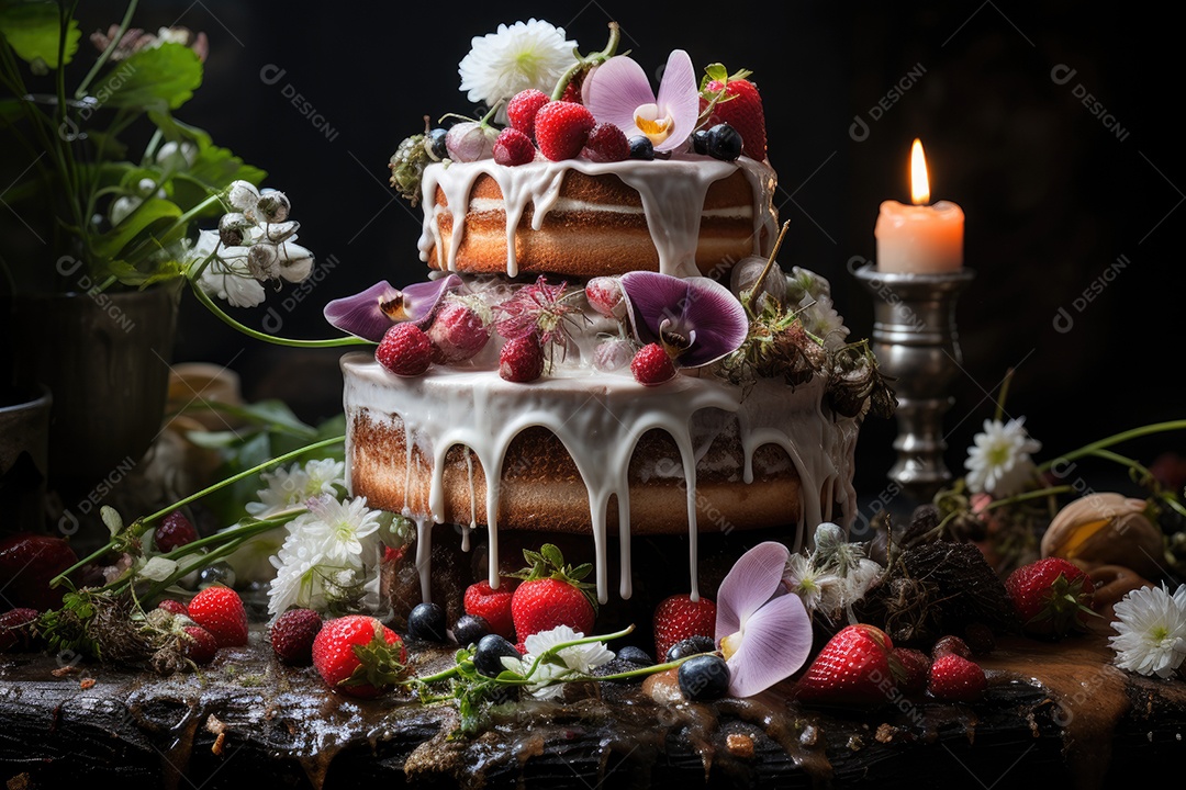 Lindo bolo decorado com frutas e flores