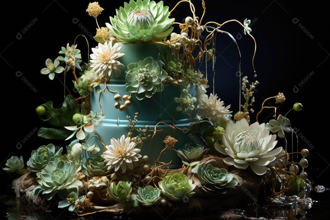 Jardim de duendes confeitando bolo de flores e frutas.