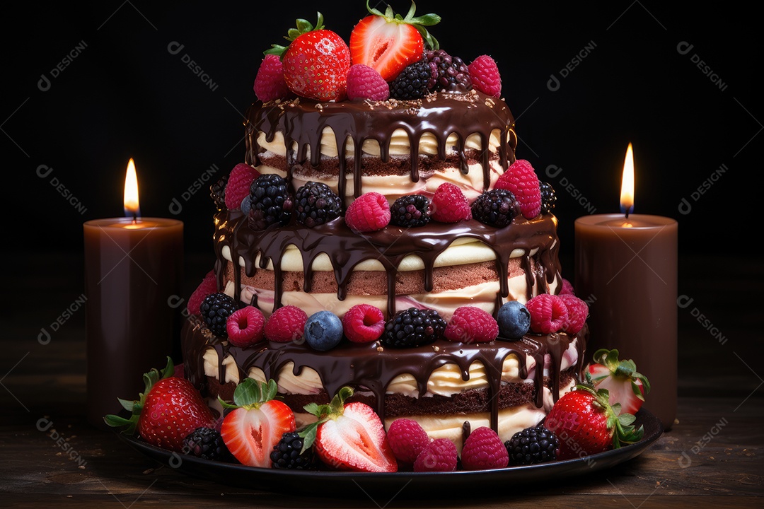 Bolo de camadas com frutas e velas, celebração vibrante. (1)