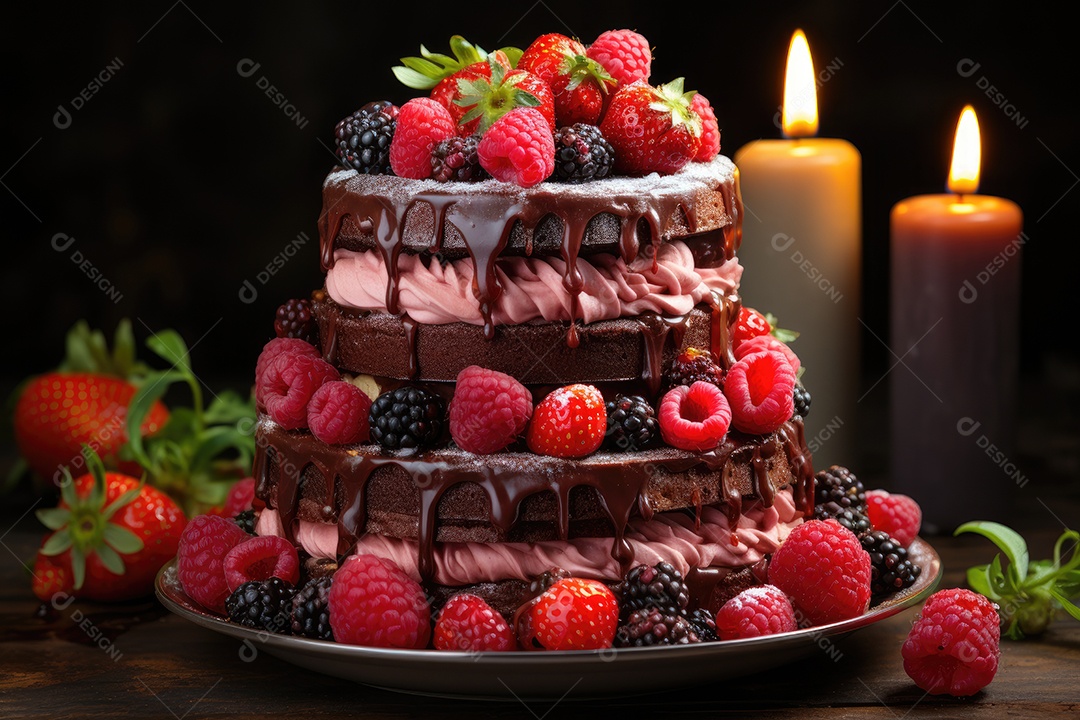 Delicioso bolo de chocolate com frutas vermelhas
