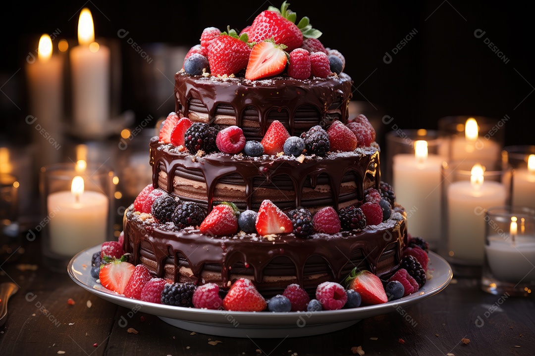 Delicioso bolo de chocolate com frutas vermelhas