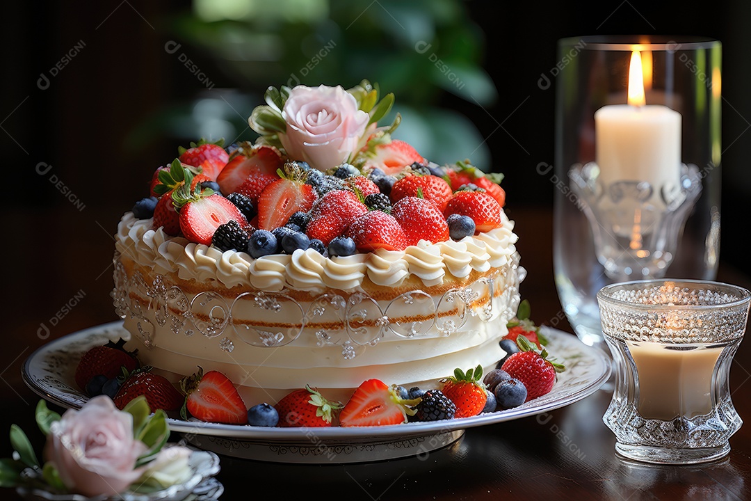 Delicioso bolo de chocolate com frutas vermelhas