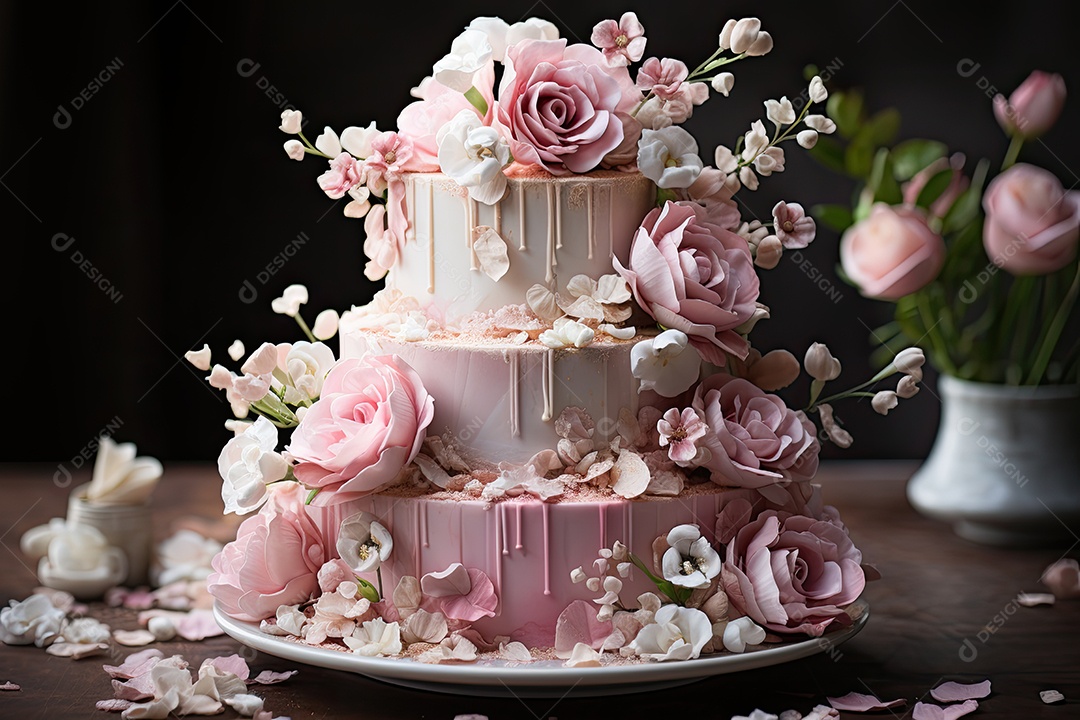 Bolo de baunilha e framboesa adornado com rosas de açúcar.