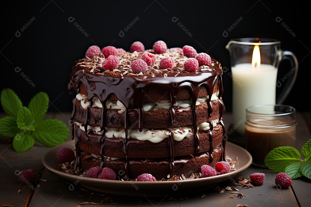 Bolo de chocolate com ganache, e framboesas