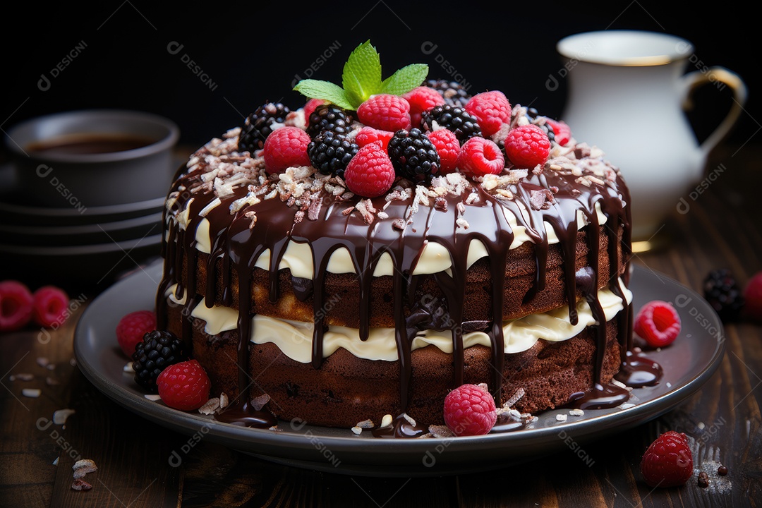 Bolo de chocolate com ganache, e framboesas