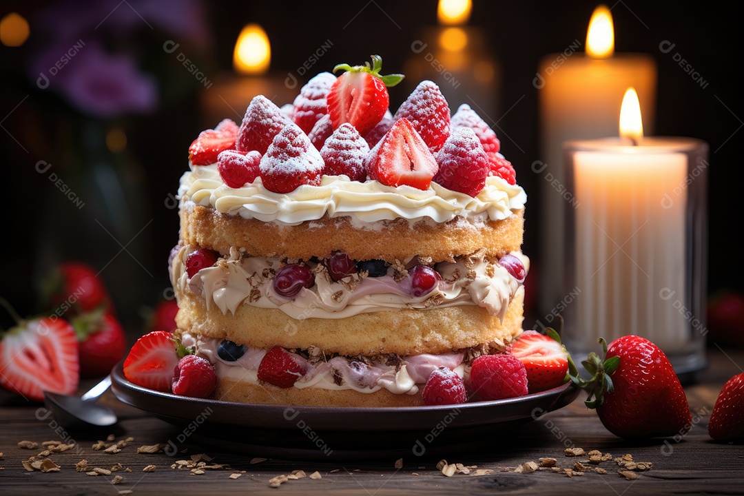 Bolo de chocolate com ganache, e framboesas