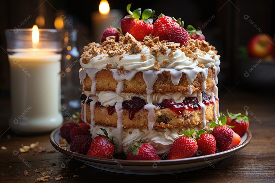 Bolo de chocolate com ganache, e framboesas