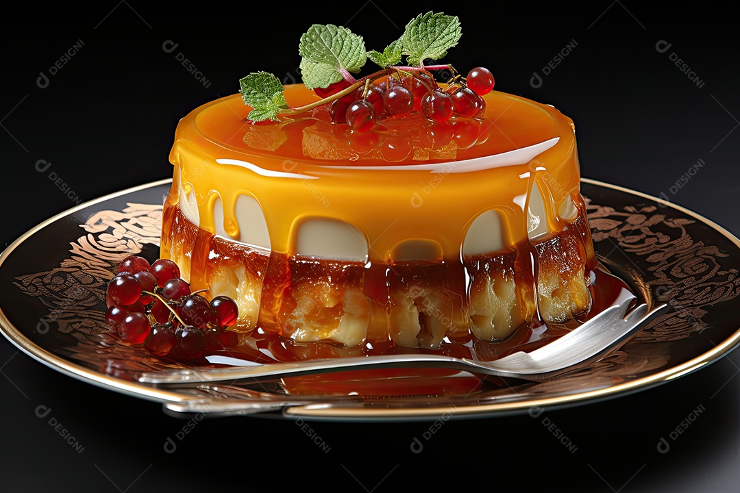 Delicioso pudim com calda de caramelo