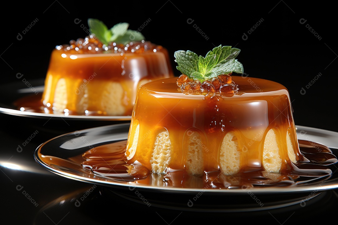Pudim de caramelo dourado sobre porcelana, pronto para ser saboreado.