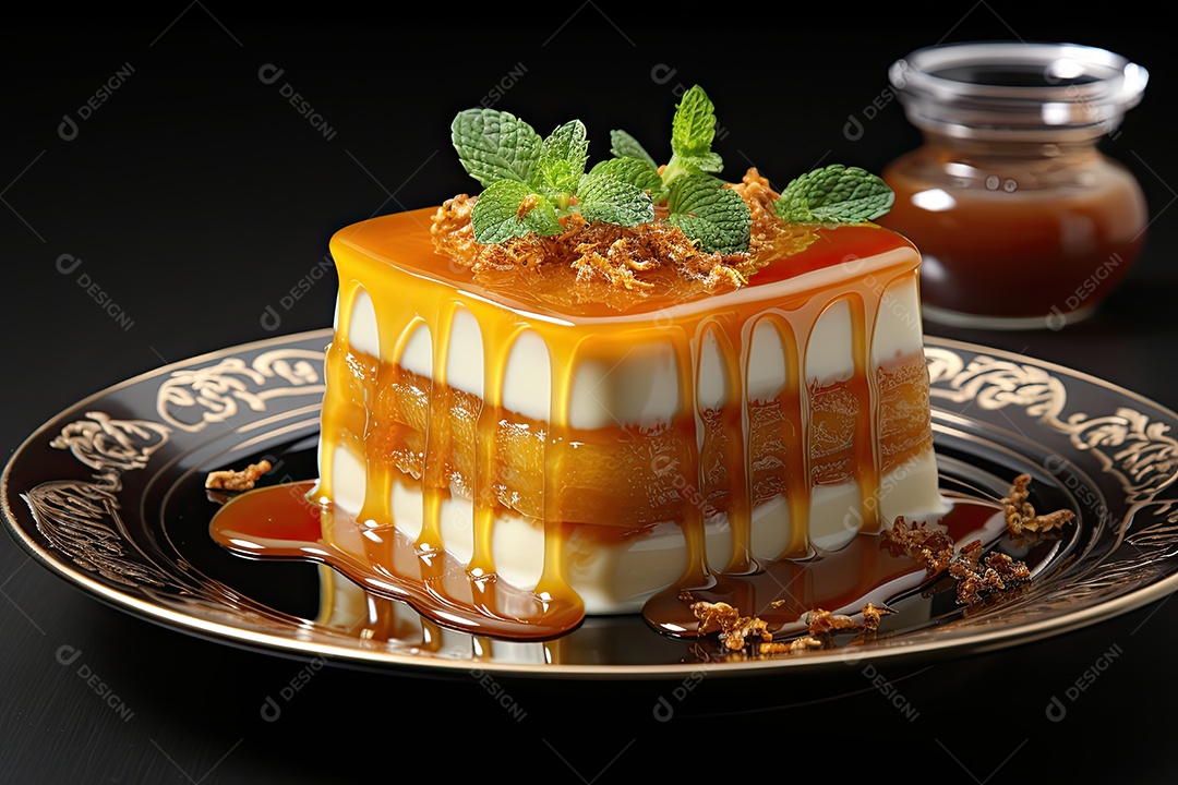 Pudim de caramelo brilhante ao lado de uma colher. (2)