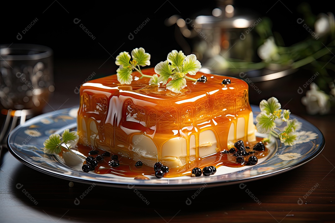 Delicioso pudim com calda de caramelo