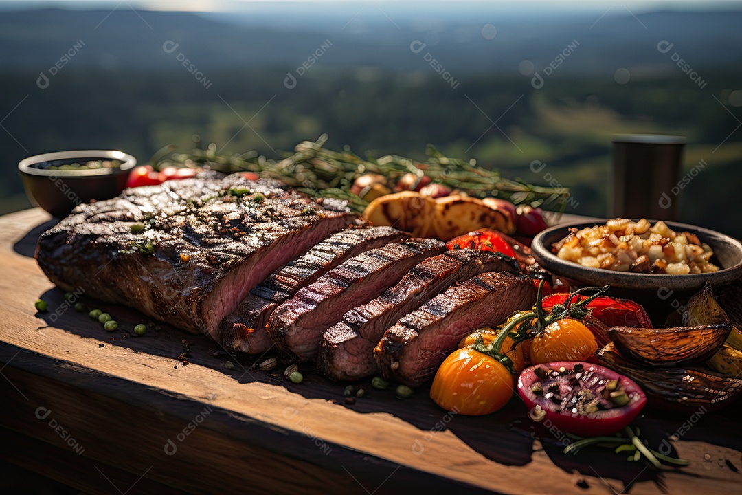 Picanha grelhada suculenta e coloridos vegetais frescos.