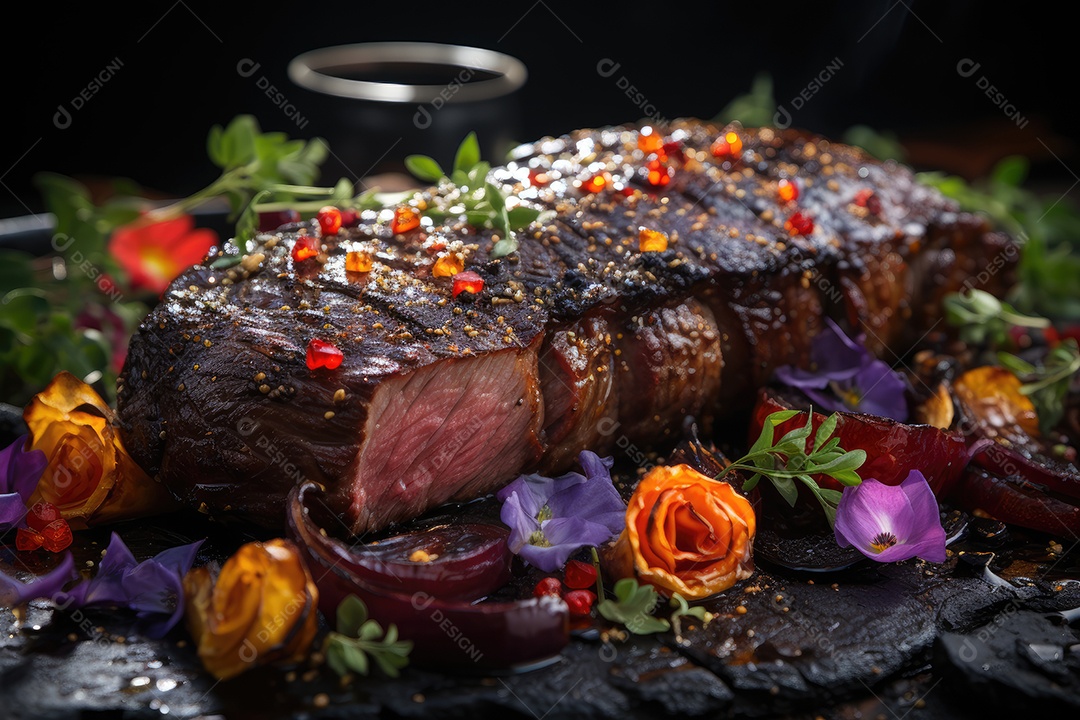 Picanha grelhada suculenta e coloridos legumes frescos.