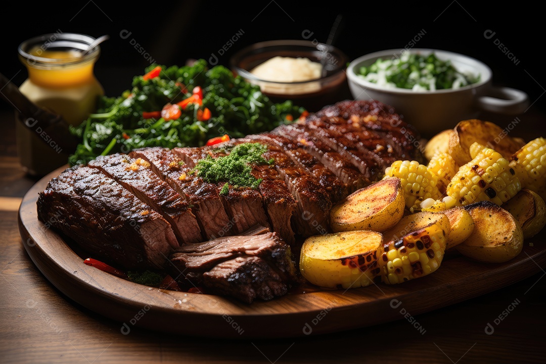 Picanha grelhada suculenta e coloridos legumes frescos.