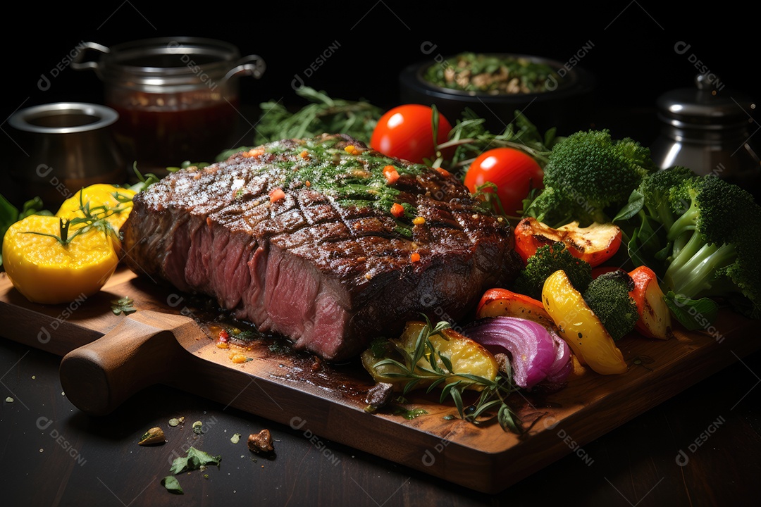 Picanha grelhada suculenta e coloridos legumes frescos.