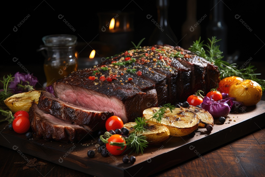 Picanha grelhada suculenta e coloridos legumes frescos.