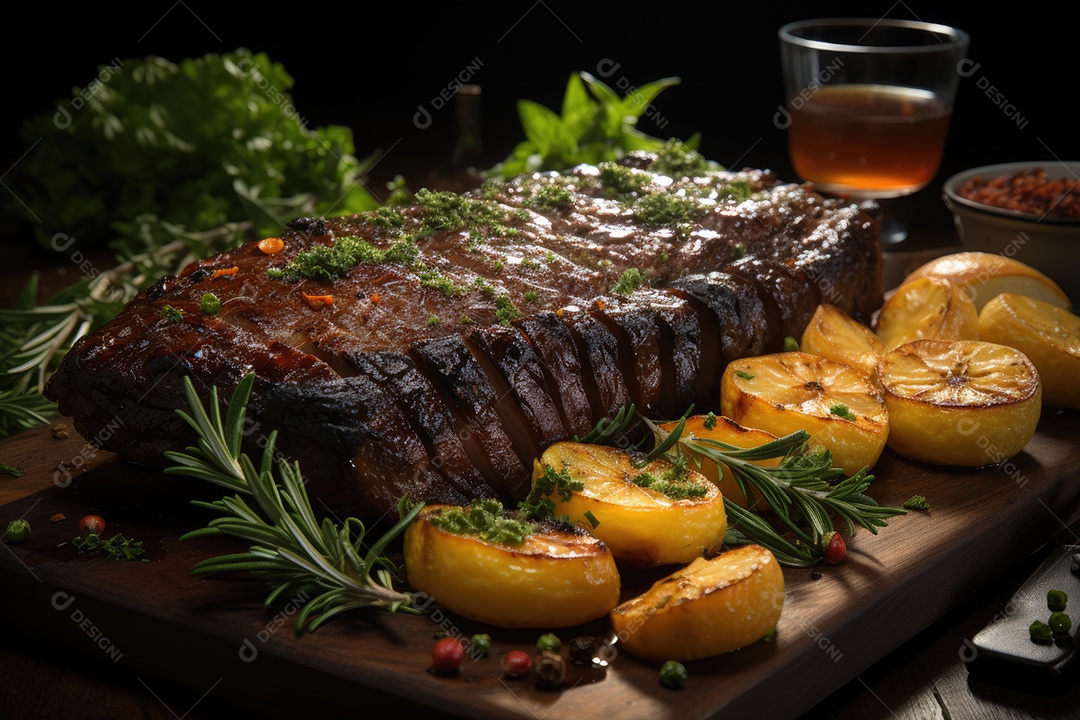 Picanha grelhada suculenta e coloridos legumes frescos.