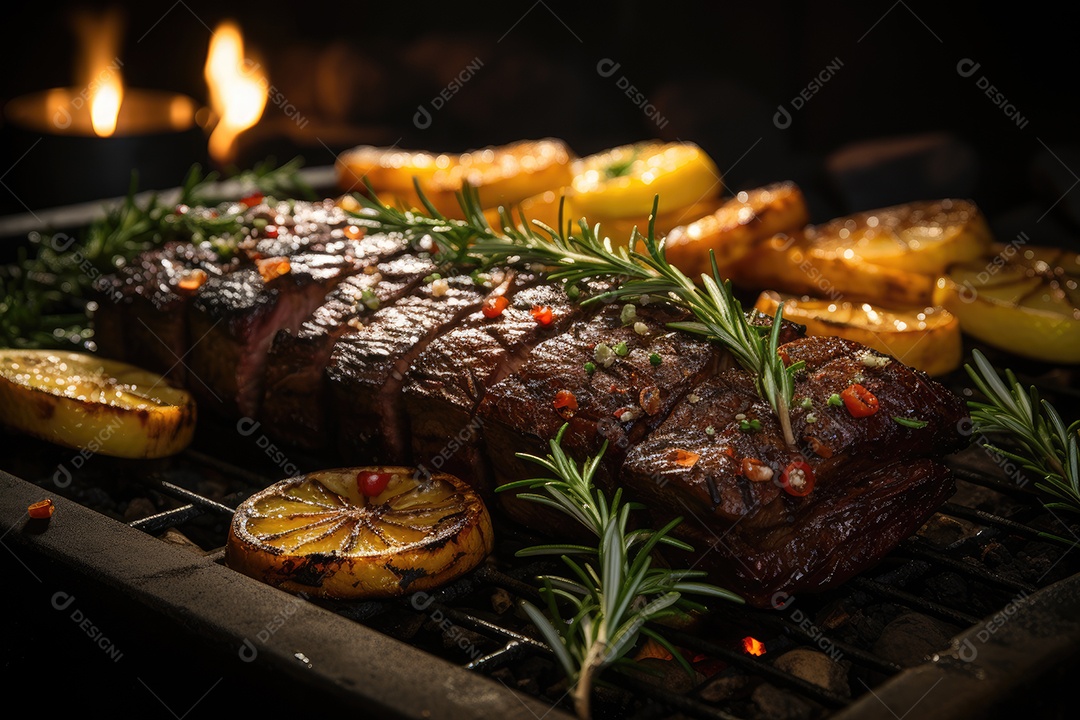 Picanha grelhada com abacaxi e alecrim, chamas dançantes.
