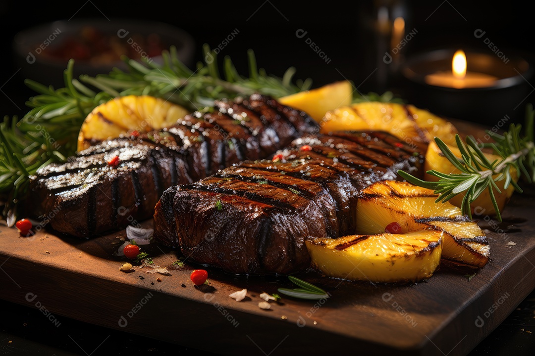 Picanha grelhada com abacaxi e alecrim, chamas dançantes.