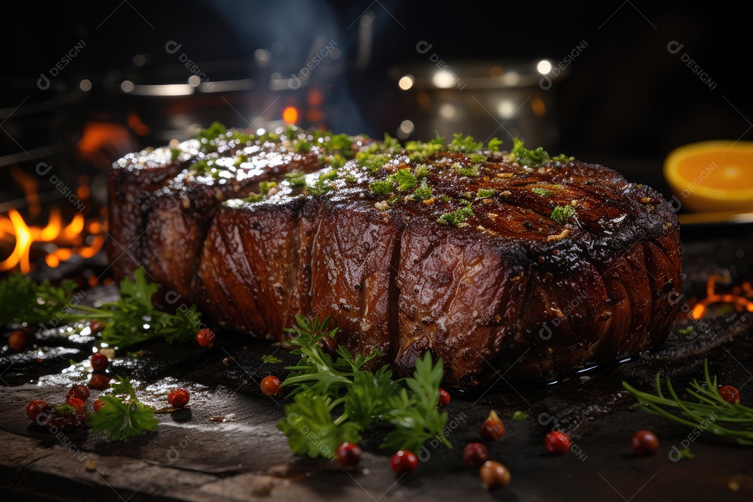 Picanha suculenta grelhada sobre brasas, amigos ao redor, risadas no ar.