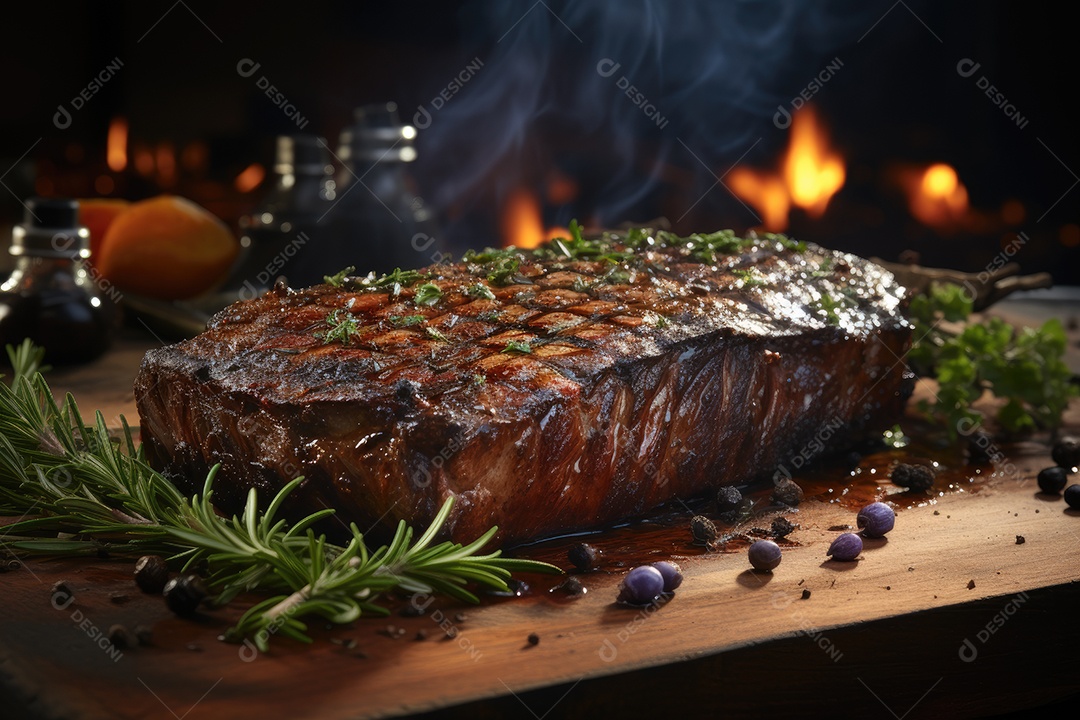 Picanha grelhada com abacaxi caramelizado e chimichurri, sobre brasas crepitantes.